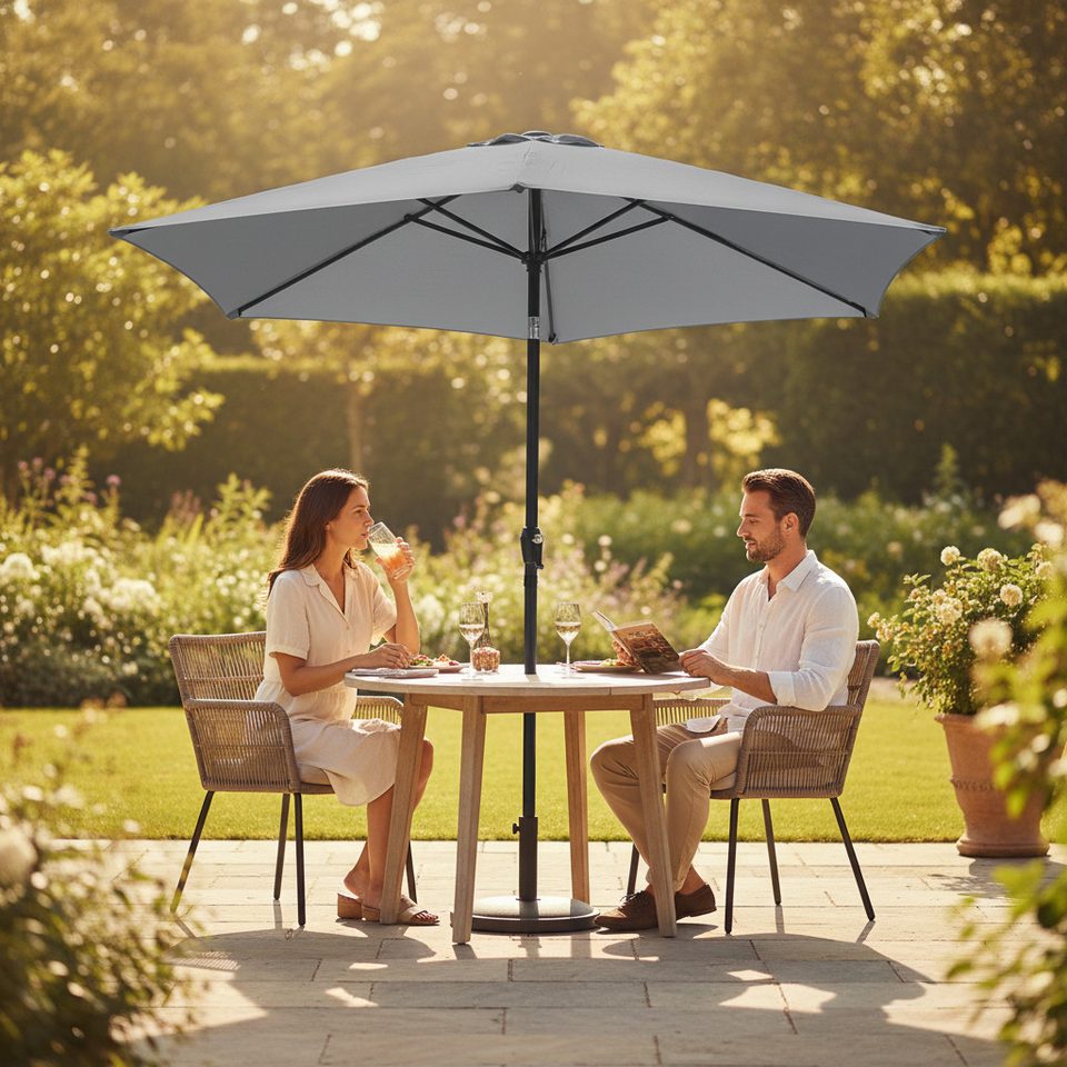 Parasol ogrodowy nad stołem w ogrodzie