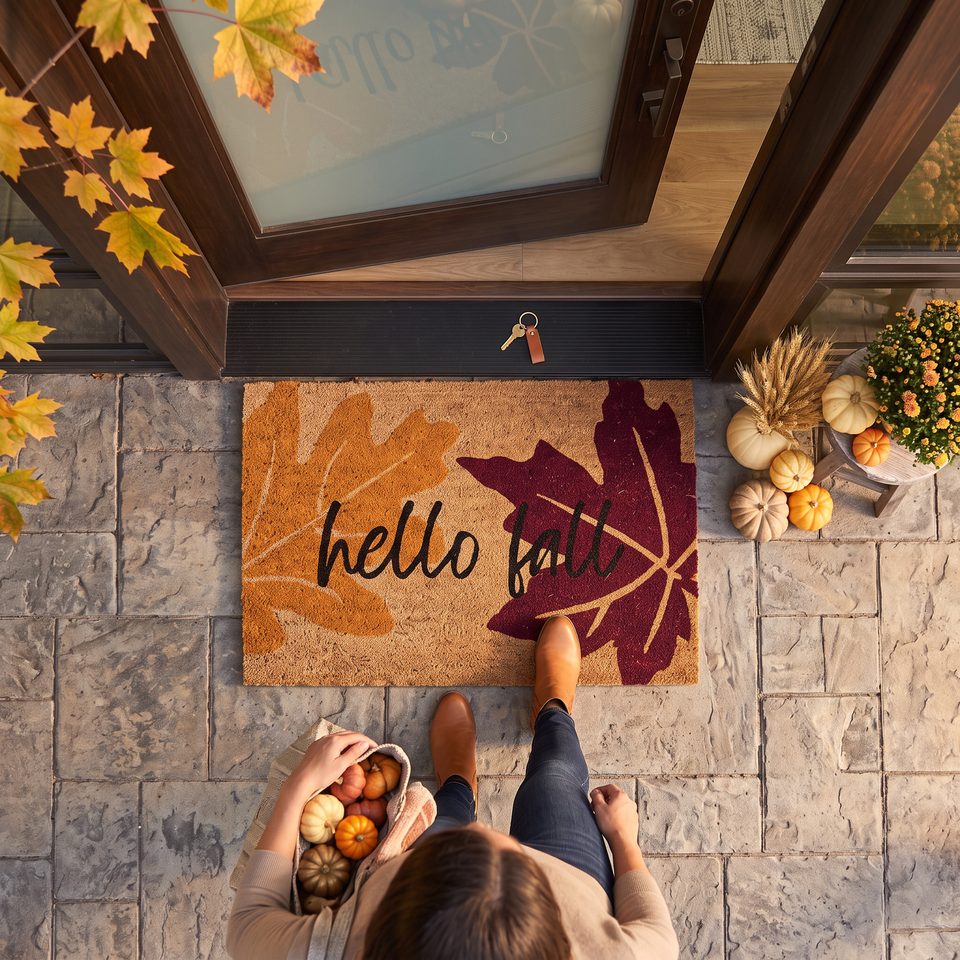 Jesienna wycieraczka Hello Fall przy drzwiach wejściowych