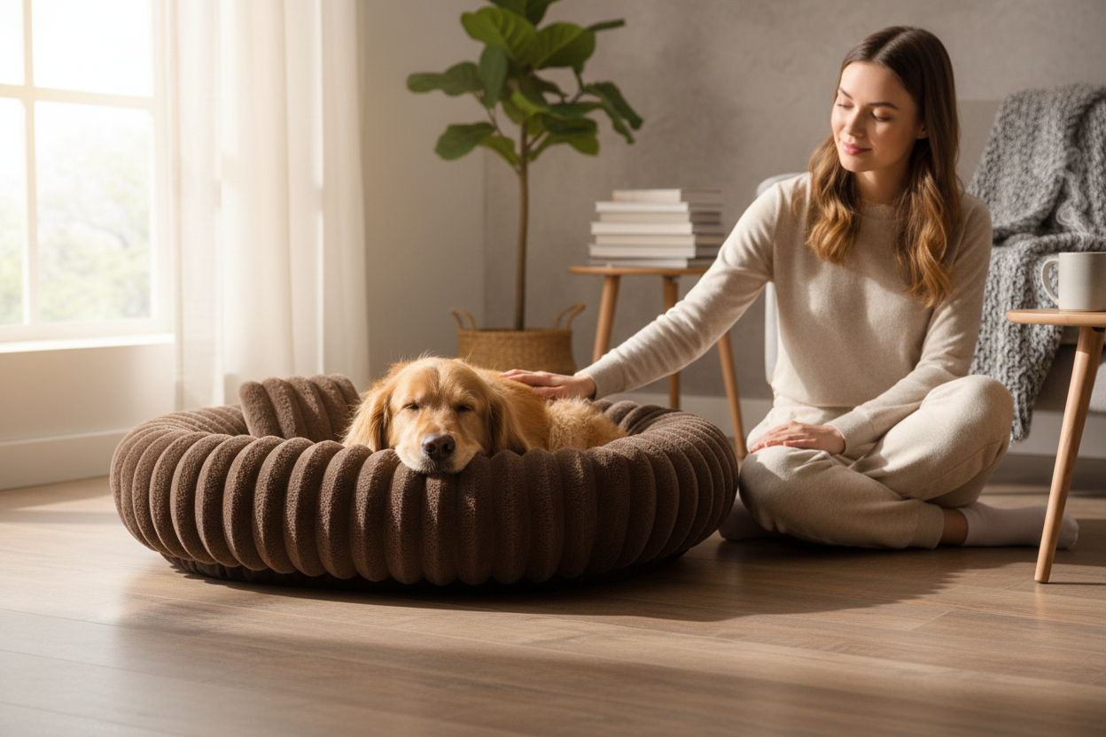 Pies odpoczywający na okrągłym legowisku, asortyment PETS